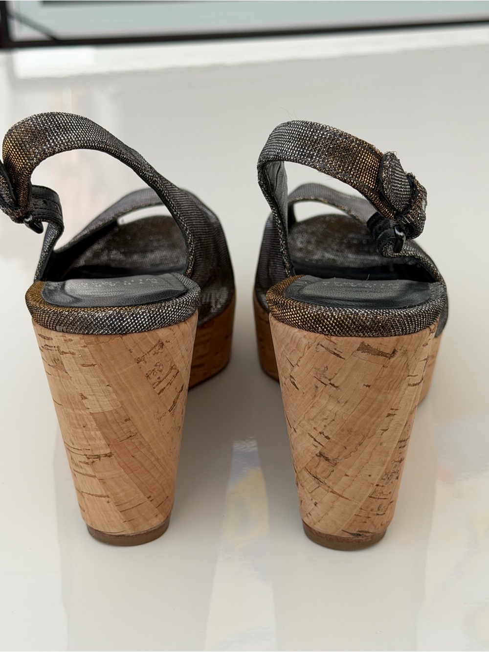 Stuart Weitzman Cork Wedge Slingback Peep Toe Shoes Bronze Metallic Size 7.5M - Picture 10 of 12